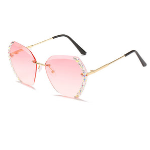 Pink Rhinestone Trim Rimless Sunglasses