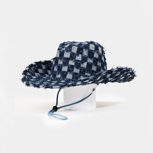 Fame Checkered Fringe Denim Cowboy Hat