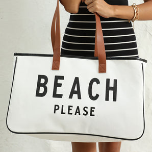 White BEACH PLEASE Print Large Canvas Tote Bag