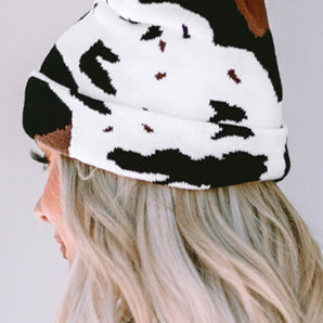 Black Cow Spots Printed Warm Beanie Hat