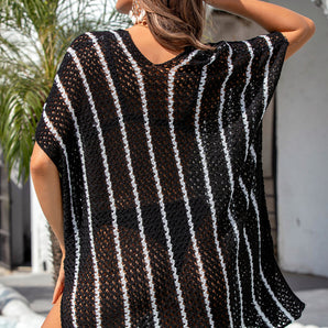 Black Striped Crochet Fit V Neck Beach Cover Up